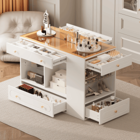 Closet Island with 6 Drawers, Wardrobe Armoire Bedroom Island with Glass Display Top and Open Shelves, Jewelry Storage Vanity Island with compart