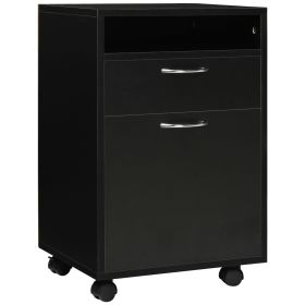 24" Small Filing Cabinet with Open Compartment, Drawer and Wheels, Home Office Storage Cabinet, Black